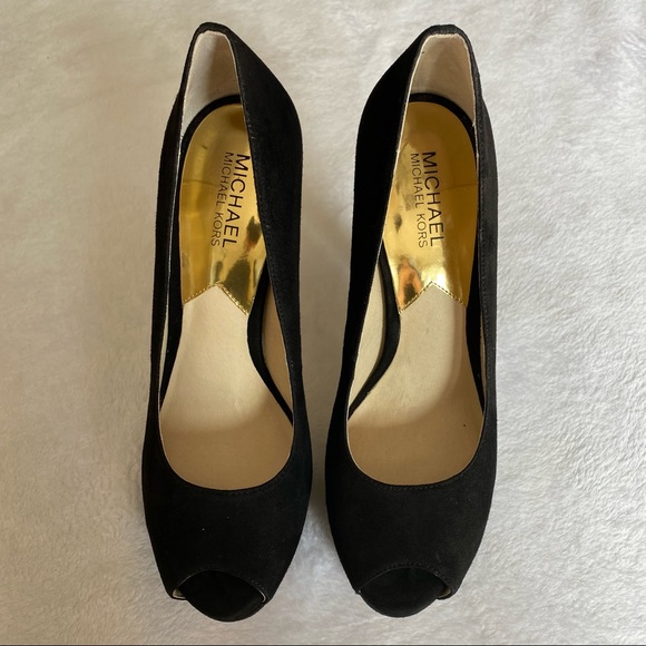 Michael Kors Milan Platform, Peep Toe, Black Suede High Heels - Picture 2 of 9